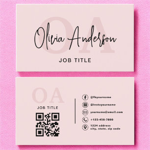 Monogram Blush Pink QR Code Modern Minimalist  Business Card