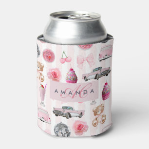 Monogram Blush Pink Retro Disco Ball Coquette Can Cooler