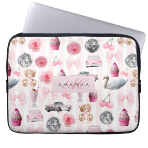 Monogram Blush Pink Retro Disco Ball Coquette  Laptop Sleeve