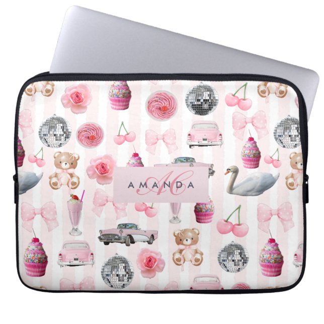 Monogram Blush Pink Retro Disco Ball Coquette  Laptop Sleeve (Front)