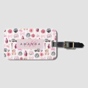 Monogram Blush Pink Retro Disco Ball Coquette  Luggage Tag