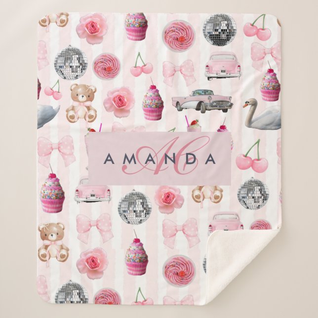 Monogram Blush Pink Retro Disco Ball Coquette  Sherpa Blanket (Front)