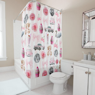 Monogram Blush Pink Retro Disco Ball Coquette  Shower Curtain