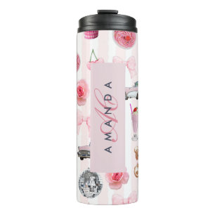Monogram Blush Pink Retro Disco Ball Coquette  Thermal Tumbler