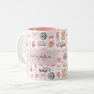 Monogram Blush Pink Retro Disco Ball Coquette Two-Tone Coffee Mug