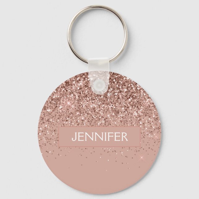 Monogram Blush Pink Rose Gold Glitter & Sparkle Key Ring (Front)