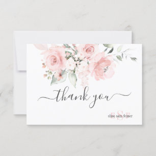 Monogram Blush Pink Roses Watercolor Flowers Thank You Card