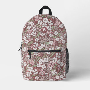 Monogram Blush Pink Roses White Floral Gold Rose Printed Backpack
