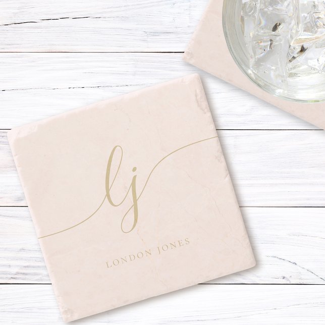 Monogram Blush Pink Simple Elegant Feminine Stone Coaster (Creator Uploaded)