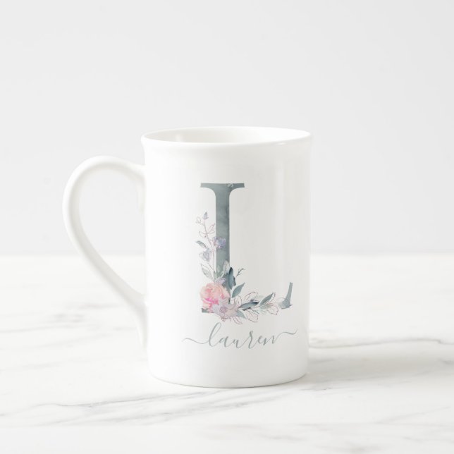 Monogram Blush Pink Watercolor Floral Letter L Bone China Mug (Left)