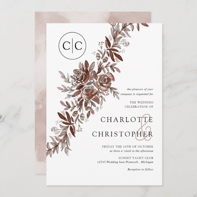 Monogram blush pink watercolor floral wedding invitation (Front/Back)