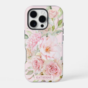 Monogram Blush Pink Watercolor Rose Flower Floral iPhone 16 Pro Case