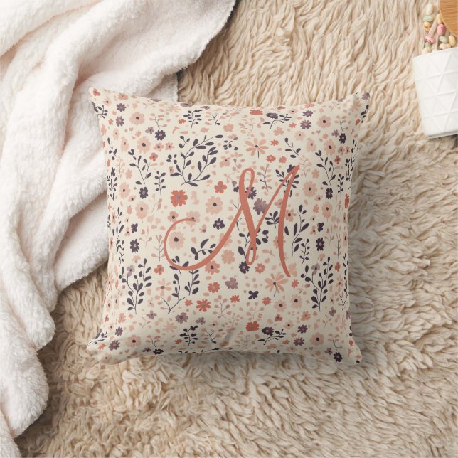 Monogram Boho Blush Pink Beige Coral Wildflower Cushion (Blanket)