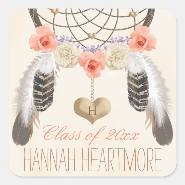 MONOGRAM BOHO DREAM CATCHER GRADUATION CLASS OF SQUARE STICKER (Front)