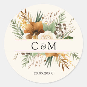 Monogram, boho ,elegant flower boquet classic round sticker