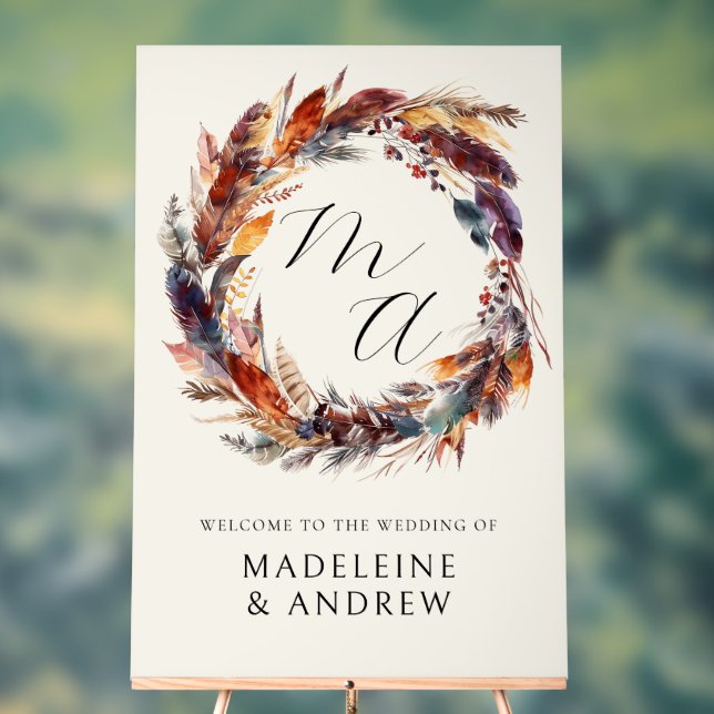 Monogram Boho Feathers Wreath Wedding Welcome Acrylic Sign (Neutral)