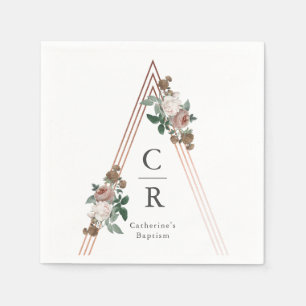 Monogram boho floral geometric rose gold baptism napkin