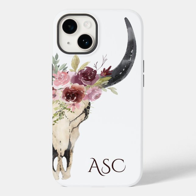 Monogram Boho Floral Skull Case-Mate iPhone Case (Back)