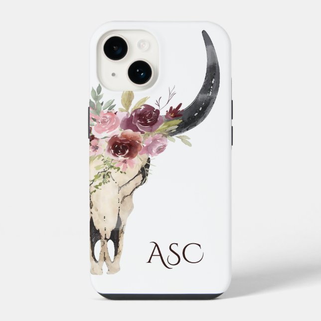 Monogram Boho Floral Skull iPhone Case (Back)