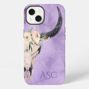 Monogram Boho Floral Skull on Purple Background iPhone 13 Case