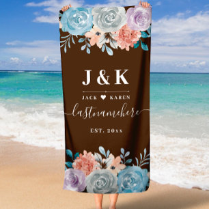 Monogram Boho Floral Wedding  Beach Towel