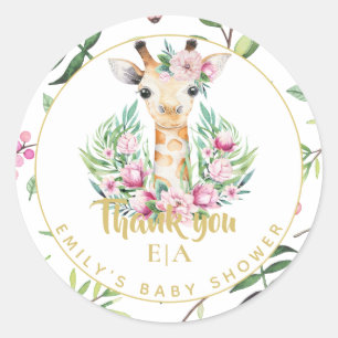 Monogram Boho Giraffe Baby Shower Floral Favour Ta Classic Round Sticker