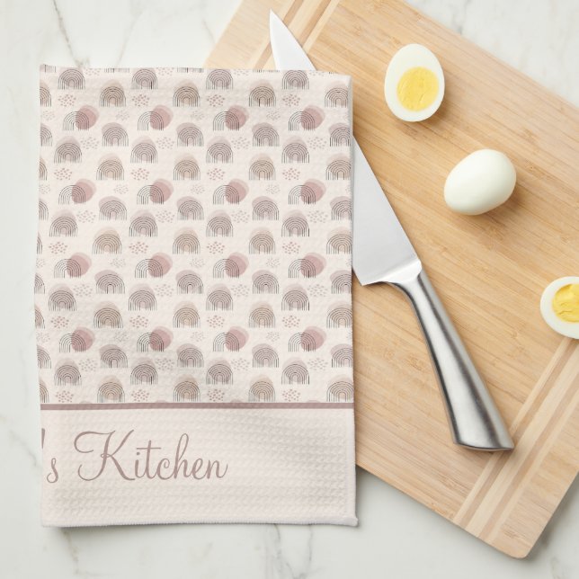Monogram Boho Rainbow Abstract Beige Cream Pink Tea Towel (Quarter Fold)