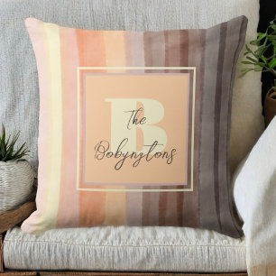 Monogram boho retro stripes orange brown yellow  cushion