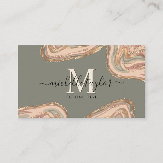 Monogram Boho Sage Green Earth Tones Agate  Business Card (Front)