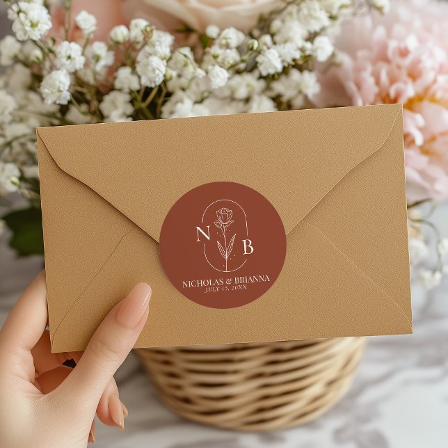 Monogram Boho Terracotta Burnt Orange Wedding Classic Round Sticker (Creator Uploaded)