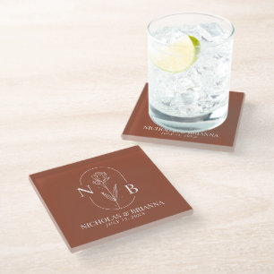Monogram Boho Terracotta Burnt Orange Wedding Glass Coaster