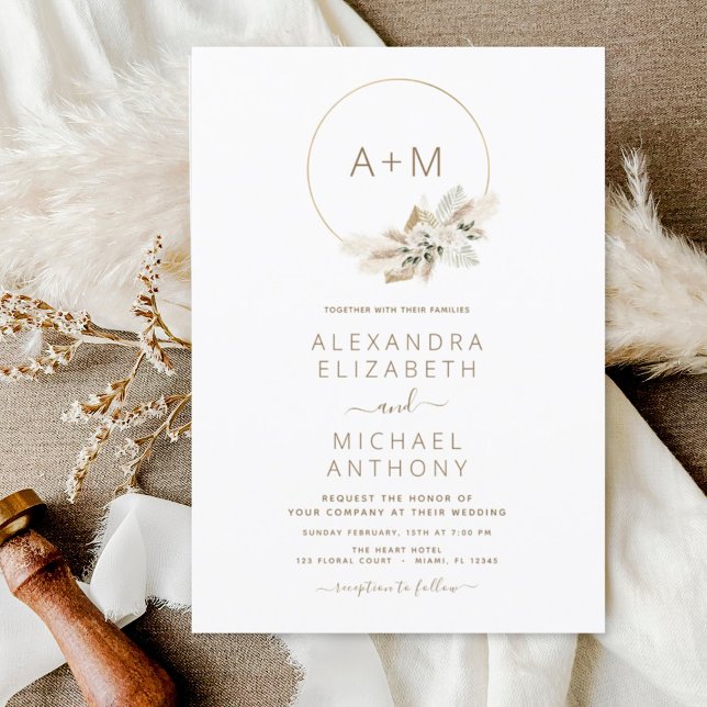 Monogram Boho Tropical Pampas Grass Wedding Invita Invitation (Creator Uploaded)
