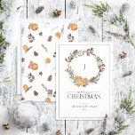 Monogram Boho Winter Citrus Wreath Merry Christmas Holiday Card<br><div class="desc">Looking for a beautiful, simple, and elegant holiday card? Look no further than our Monogram Boho Winter Citrus Wreath Merry Christmas Script Holiday Card! This stunning card features a wreath decorated with watercolor botanicals of citrus, pine boughs, star anise, and cinnamon, framing your monogram, with the 'Merry Christmas' message written...</div>