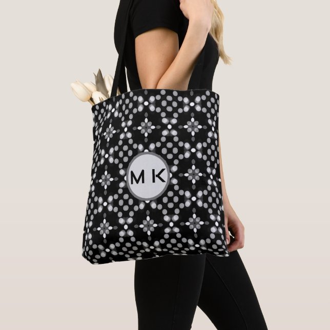 Monogram Bokeh Dot Pattern Black Tote Bag (Close Up)
