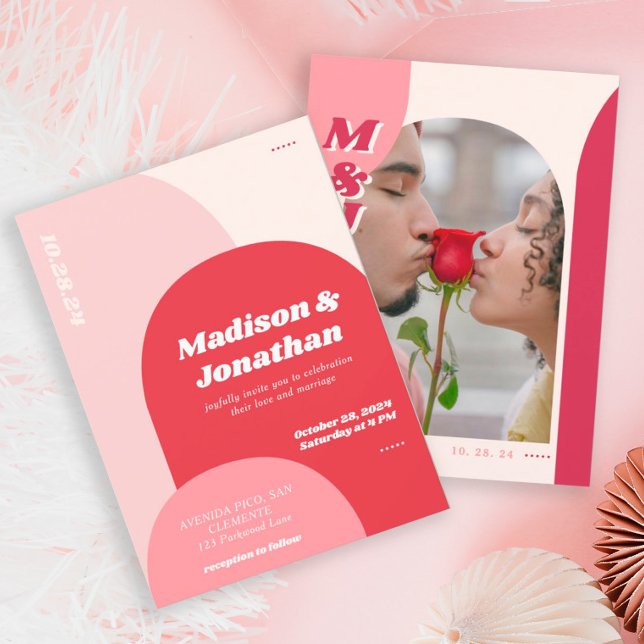 Monogram Bold Pink Red Retro Arch Wedding Invitation (Creator Uploaded)