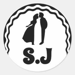 Monogram Bold Wavy Arch Black White Wedding Classic Round Sticker