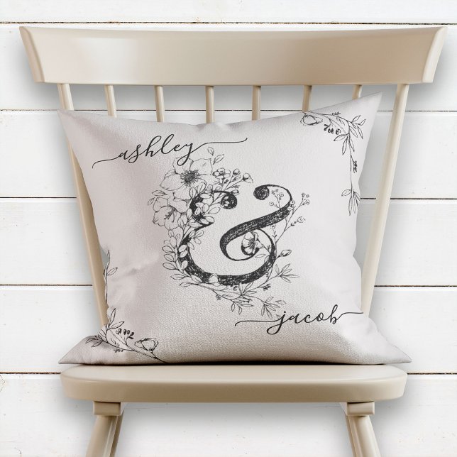 Monogram Botanical Ampersand Modern Script Blush Cushion (Creator Uploaded)