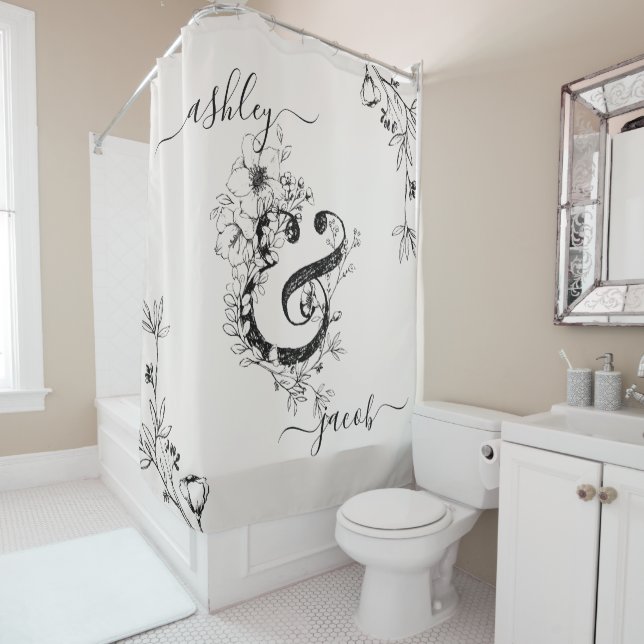 Monogram Botanical Ampersand Modern Script Blush Shower Curtain (In Situ)