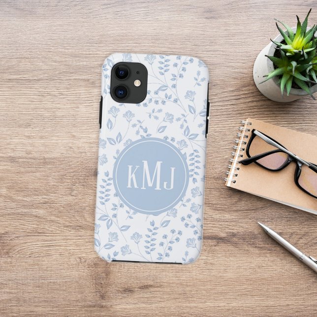 Monogram Botanical Blue Simple Floral Pattern  Case-Mate iPhone Case (Creator Uploaded)