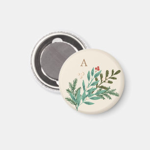 Monogram Botanical Cream Classic Christmas Holiday Magnet