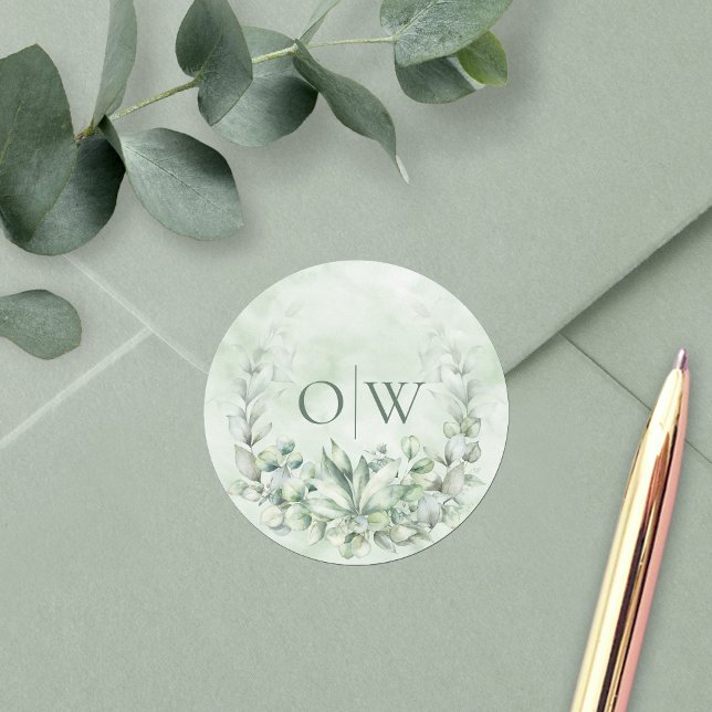 Monogram Botanical Eucalyptus Wedding Classic Round Sticker (Creator Uploaded)