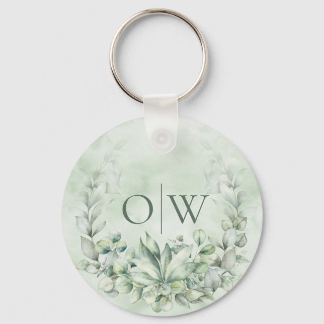 Monogram Botanical Eucalyptus Wedding Favor Key Ring (Front)