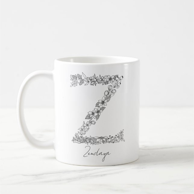 Monogram Botanical Floral Black White Letter Z Coffee Mug (Left)