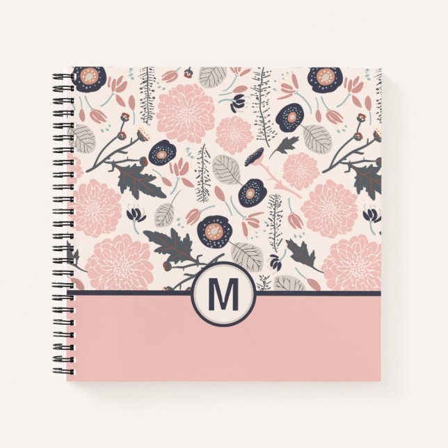  Monogram Botanical Floral Pattern Pink Grey Notebook (Front)