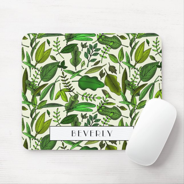 Monogram Botanical Green Leaves Pattern Mouse Pad (With Mouse)