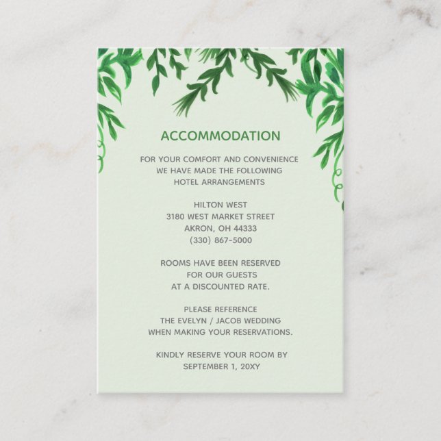 Monogram Botanical Greenery accommodation card (Front)