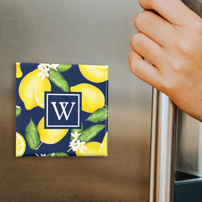 Monogram Botanical Lemon Navy Blue Magnet (Creator Uploaded)