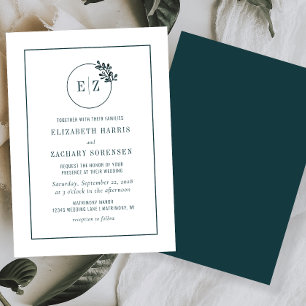 Monogram Botanical Wreath Emerald Green Wedding Invitation