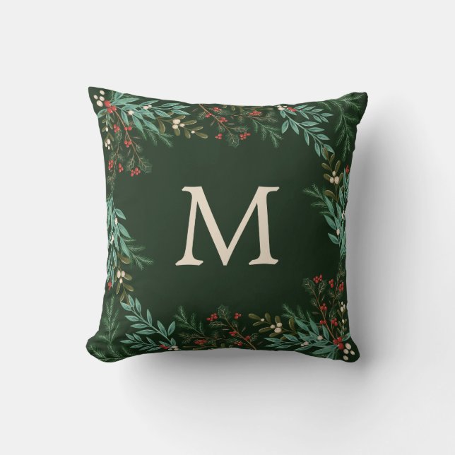 Monogram Botanical Wreath Frame Classic Christmas Cushion (Front)