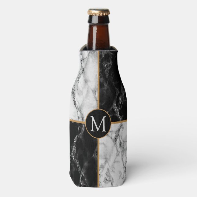 Monogram Bottle Cooler Black White Check Marble (Bottle Front)